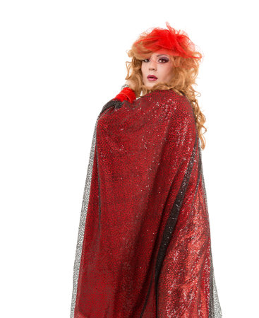 Portrait Drag Queen in Woman Red Dress Performing, on white backgroundの写真素材