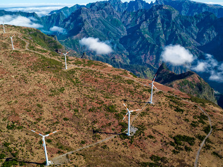 Wind Turbines on the Mountain Madeira Island, aerial view