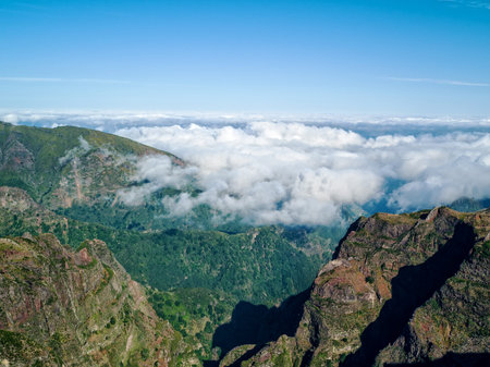 Fantastic Landscape Rocky Mountains with Clouds Madeira Island, aerial view