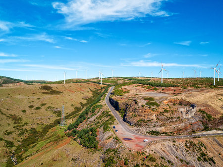 Wind Turbines on the Mountain Madeira Island, aerial view