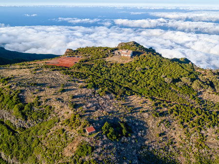 Abandoned House on Top Mountain Above the Clouds, aerial view Madeira Islandの写真素材
