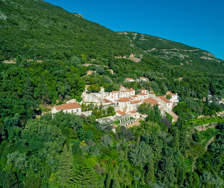 Convent of Nossa Senhora da Arrabida in the National Park in Portugal, aerial view