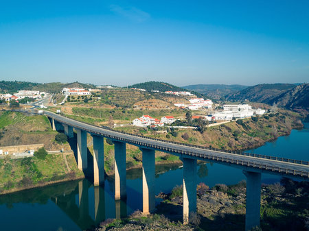 Aerial View modern bridge near Village Mertola, Portugal