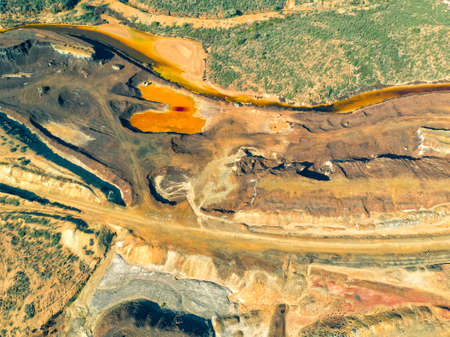 Abandoned Old Copper Extraction Sao Domingos Mine, Portugal, aerial viewの写真素材