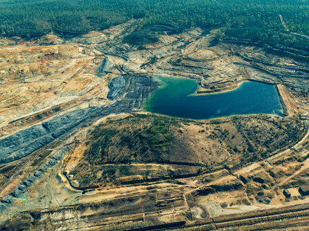 Abandoned Old Copper Extraction Sao Domingos Mine, Portugal, aerial view