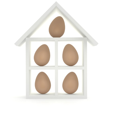 Five eggs in the model of house. 3D modelの写真素材