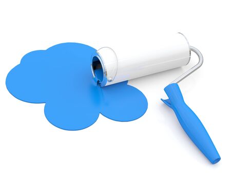 Roller brush with blue paint. 3D model on white backgroundの写真素材