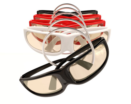 Glasses of different colors in shop. 3D render