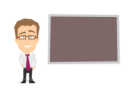 Businessman near board. Vector illustration of manager isolated on white backgroundのイラスト素材