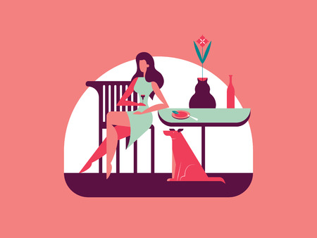 Girl dines at the table, under which sits a dogのイラスト素材