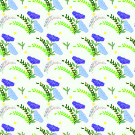 blue flowers green leaves seamless floral repeat patternのイラスト素材