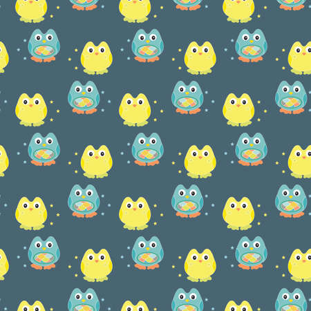 cute blue and yellow owls cartoon with blue background seamless repeat patternのイラスト素材