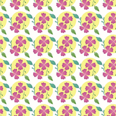 purple flowers with leaves and yellow circles seamless repeat patternのイラスト素材