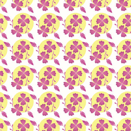 purple flowers with yellow circles seamless repeat patternのイラスト素材