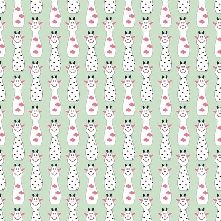 cute cow cartoon with pink dots and pastel blue background seamless repeat patternのイラスト素材