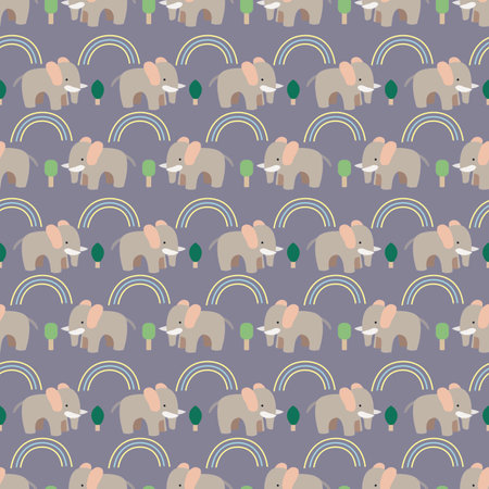 elephant with rainbow and tree with blue background seamless repeat patternのイラスト素材