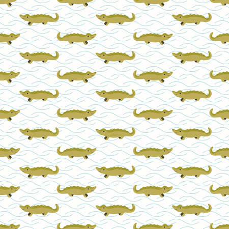 crocodile with waves cartoon seamless repeat patternのイラスト素材