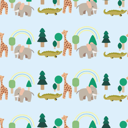 jungle print cartoon animals with blue background seamless repeat patternのイラスト素材