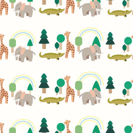 jungle print with animal cartoons and trees seamless repeat patternのイラスト素材