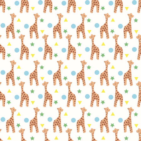 cute giraffe cartoon with triangles, stars, and circles seamless repeat patternのイラスト素材