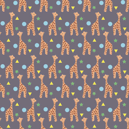 cute giraffe cartoon with geometric shapes and blue background seamless repeat patternのイラスト素材