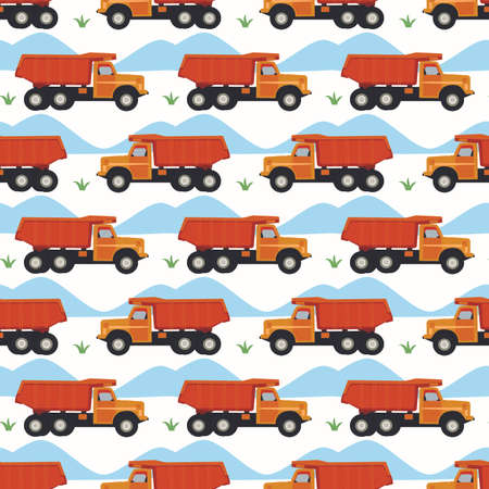 brown truck with mountains and grass cartoon seamless repeat patternのイラスト素材
