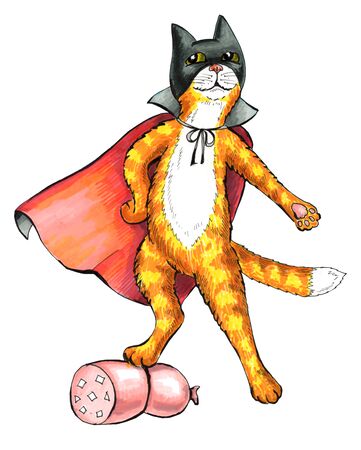 funny cat super hero with sausage illustrationの写真素材