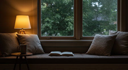 Comfortable sofa with pillows and a book on the windowsill. 3d renderingの素材