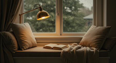 Book and lamp on the windowsill at rainy day, 3d illustrationの素材