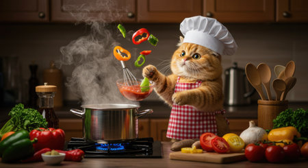 Funny ginger cat chef in a red apron and hat cooking soup in the kitchen.の素材