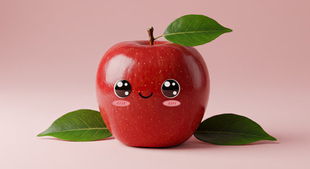 Funny red apple with a smiley face on a pink backgroundの素材