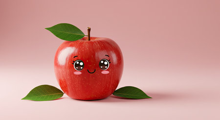 Funny red apple with green leaves on pink background. 3d illustrationの素材