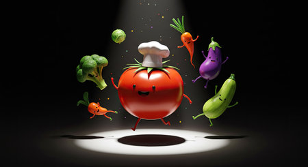 Cartoon tomato character with chef's hat and vegetables flying out of the holeの素材