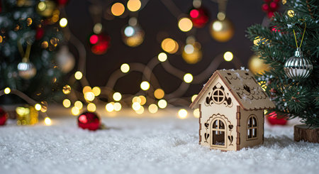 Christmas decoration with gingerbread house on snow and bokeh backgroundの素材