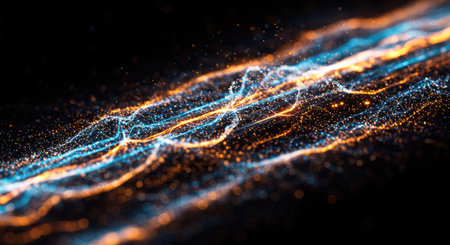 3d rendering of abstract particles in empty space. Futuristic background with depth of field and bokeh effect. Particles form line and surface grid.の素材