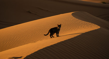 A cat walking in the sand dunes of the Sahara Desert, Moroccoの素材