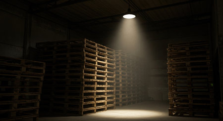 Empty warehouse with wooden pallets and spotlights. 3d renderingの素材
