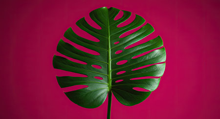 Monstera leaf on pink background with copy space. Tropical nature concept.の素材