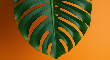 Monstera leaf isolated on orange background with copy space for text.の素材