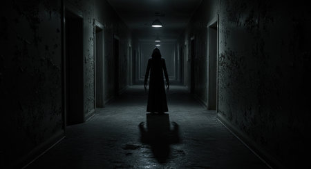 Dark corridor with a man in a white cloak. 3d rendering.の素材