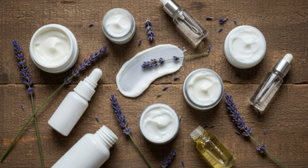 cosmetic cream lotion and lavender flower on a wooden backgroundの素材