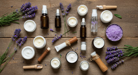 Lavender cosmetic products on a wooden table. Top view.の素材