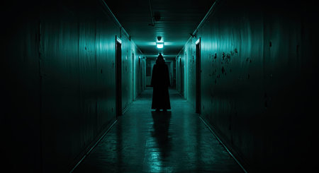 Dark corridor with a silhouette of a girl in a long dress and a hooded cloakの素材