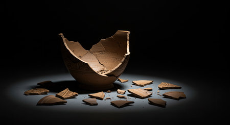 Broken eggshell on black background. Conceptual image of crisis.の素材