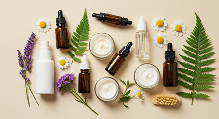 Herbal cosmetic products on beige background, top view, flat layの素材