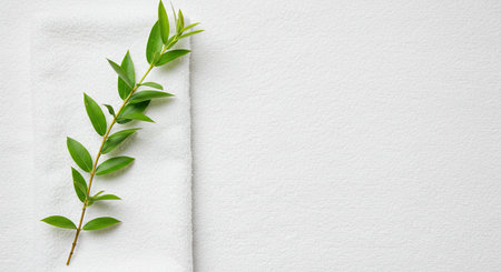 Eucalyptus branch with green leaves on white towel.の素材