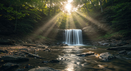 Beautiful waterfall in the forest with sunbeams and lens flareの素材