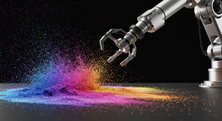 3d rendering robotic hand with colorful dust particles splash on black backgroundの素材
