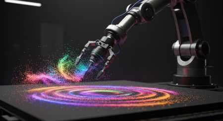3d rendering robotic hand playing music on turntable with colorful particlesの素材