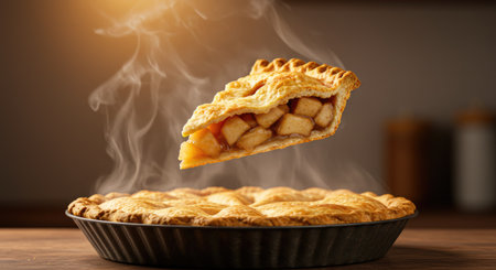 Piece of apple pie flying in the air on a wooden tableの素材